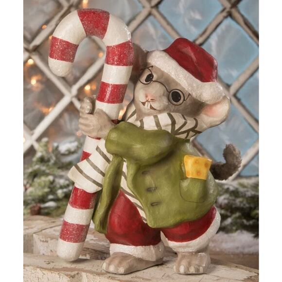 Bethany Lowe Chester Mouse Figure Christmas Paper Mache Candy Cane Santa Hat NEW